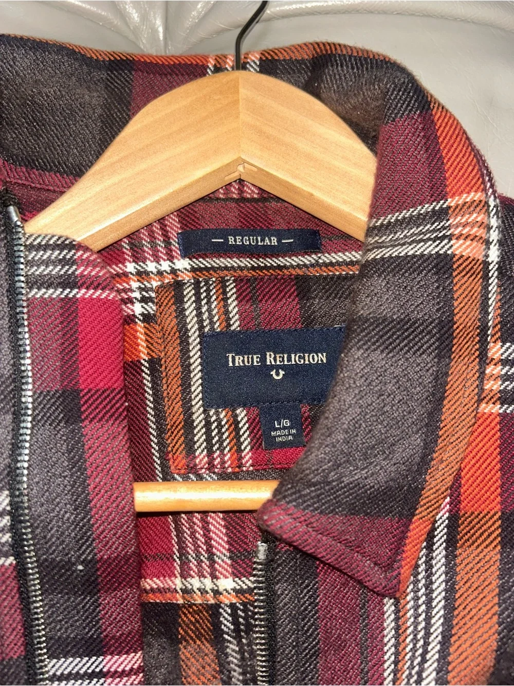 True Religion Red and Black Plaid Zip Up Shirt